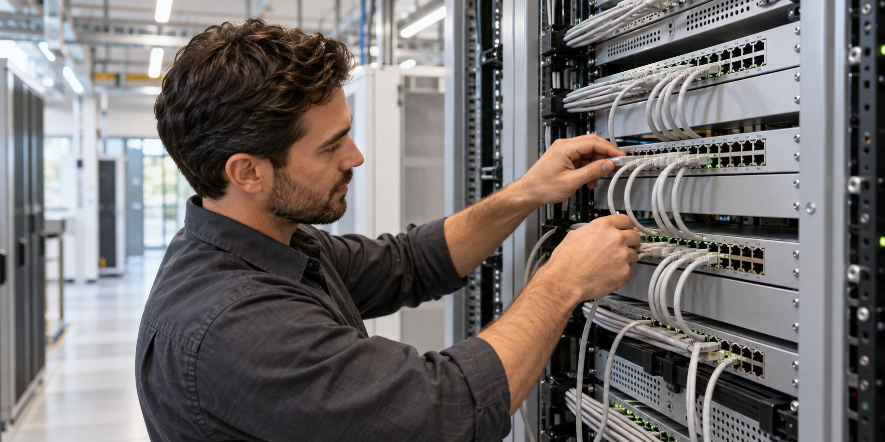Técnico organizando el cableado estructurado de un gabinete de red (imagen ilustrativa)